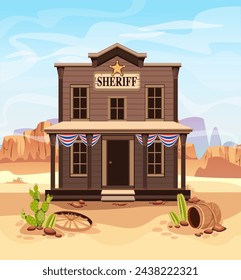 Wild west sheriff building background. Western American town in vector illustration. Police house with door, windows and banner front view. Cactus, rocks, barrel, wooden wheel on desert land.