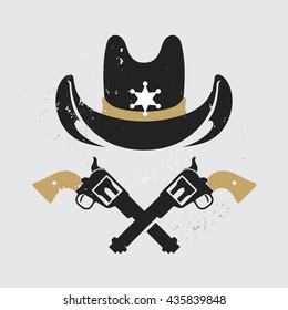 Wild west sheriff hat and two revolvers. Cowboy badge with sheriff star and guns. Isolated  vector illustration.