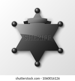 Wild West Sheriff metal gold star. Vector policeman steel emblem. Police wild west badge. Cop metal token. Sheriff steel badge, Six-pointed star, Policeman token with "sheriff" text on surface