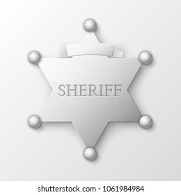 Wild West Sheriff metal gold star. Vector policeman steel emblem. Police wild west badge. Cop metal token. Sheriff steel badge, Six-pointed star, Policeman token with "sheriff" text on surface