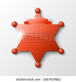 Wild West Sheriff metal gold star. Vector policeman steel emblem. Police wild west badge. Cop metal token. Sheriff steel badge, Six-pointed star, Policeman token with "sheriff" text on surface