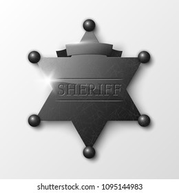 Wild West Sheriff metal gold star. Vector policeman steel emblem. Police wild west badge. Cop metal token. Sheriff steel badge, Six-pointed star, Policeman token with "sheriff" text on surface