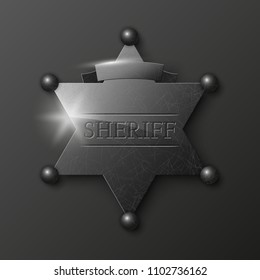 Wild West Sheriff metal gold star. Vector policeman steel emblem. Police wild west badge. Cop metal token. Sheriff steel badge, Six-pointed star, Policeman token with "sheriff" text on surface