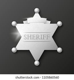 Wild West Sheriff metal gold star. Vector policeman steel emblem. Police wild west badge. Cop metal token. Sheriff steel badge, Six-pointed star, Policeman token with "sheriff" text on surface