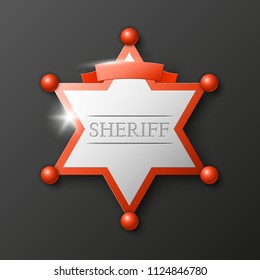 Wild West Sheriff metal gold star. Vector policeman steel emblem. Police wild west badge. Cop metal token. Sheriff steel badge, Six-pointed star, Policeman token with "sheriff" text on surface