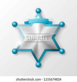 Wild West Sheriff metal gold star. Vector policeman steel emblem. Police wild west badge. Cop metal token. Sheriff steel badge, Six-pointed star, Policeman token with "sheriff" text on surface