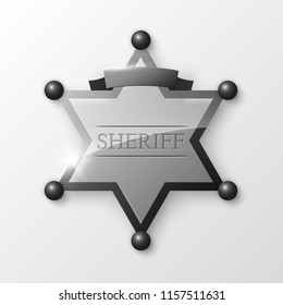 Wild West Sheriff metal gold star. Vector policeman steel emblem. Police wild west badge. Cop metal token. Sheriff steel badge, Six-pointed star, Policeman token with "sheriff" text on surface