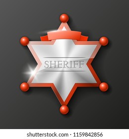 Wild West Sheriff metal gold star. Vector policeman steel emblem. Police wild west badge. Cop metal token. Sheriff steel badge, Six-pointed star, Policeman token with "sheriff" text on surface