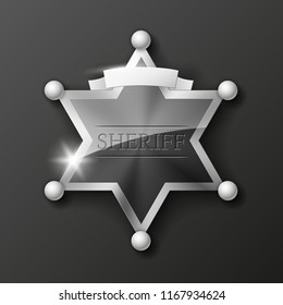 Wild West Sheriff metal gold star. Vector policeman steel emblem. Police wild west badge. Cop metal token. Sheriff steel badge, Six-pointed star, Policeman token with "sheriff" text on surface
