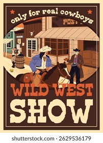 Cartaz antigo do evento do Wild West show. Cowboy monta cavalo em modelo de publicidade no estilo da América Ocidental. Layout com a paisagem histórica da cidade do Texas, fachadas da cidade mexicana no deserto. Ilustração de vetor plano