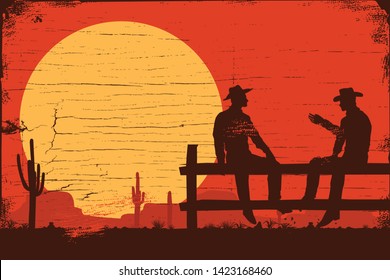 Wild west signboard, silhouette of cowboys sitting on fence, Vector Illustration