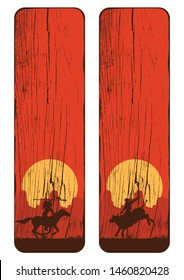 Wild west signboard, silhouette of cowboys riding wild bull and native american riding horse, Vector Illustration