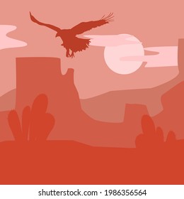 wild west silhouette background with eagle and cacti
