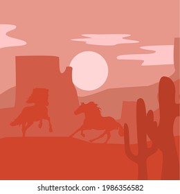 wild west silhouette background with horse and cacti