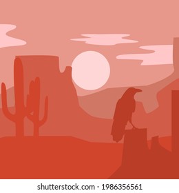 wild west silhouette background with raven and cacti