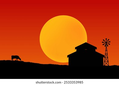 wild west. silhouette of a rural landscape against the background of the sun. farming. vector