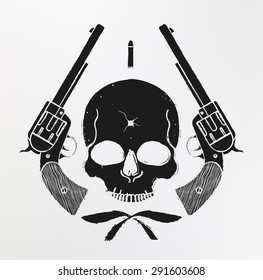 Wild west skull with bullet hole and 2 pistols grunge emblem. Vector