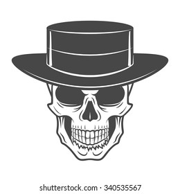 Wild west skull with hat. Smiling rover logo template. Wanted die or alive portrait. High way man t-shirt design.