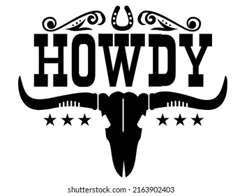 Wild west skull symbol vector illustration for print or design. Vector logo with bull skull adn Howdy text for tshirt