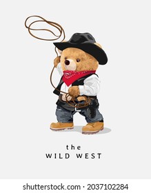 wild west slogan with bear doll cow boy with lasso vector illustration