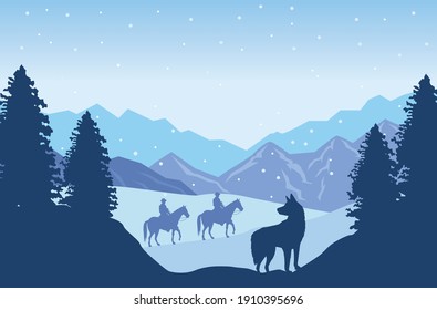 wild west snowscape scene with cowboys on horses and dog vector illustration design