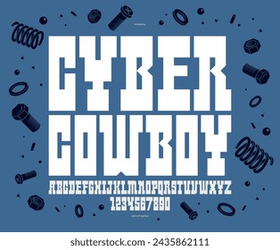 Wild west space future style bold display font for logos and emblems, vector futuristic geometric modern typeface for posters and headers, western and technology styles mixed.