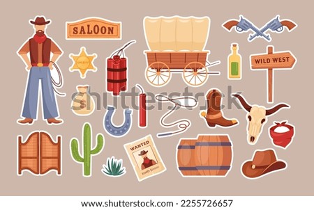 Wild West stickers. Vector icon set of western Texas with cowboy, hat, wooden signboard, cactus, dynamite, gun, wanted poster, sheriff badge, cow skull, tequila, horseshoe. Collection for game, print