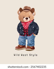 wild west style slogan with bear doll in cowboy costume vector illustration