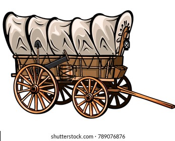 Wild west style wood covered wagon with barrel, shovel, saw and lantern. Hand-drawn western vector.