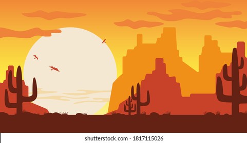 Wild west at sunset illustration. Orange silhouettes of Arizona mountains brown cactuses covered with sand dunes huge sun disc with swirling vultures vector Texas vector canyon.