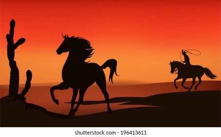 Wild west sunset landscape - cowboy chasing a mustang horse