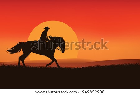 wild west sunset landscape scene vector silhouette design with cowboy riding horse and sun disk