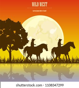 Wild West sunset Vector illustration. Cowboy Men horse riding at sunset Vintage west card