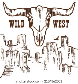 Wild West symbol buffalo skull  desert   text white background  Vector han drawn illustration the state Texas 