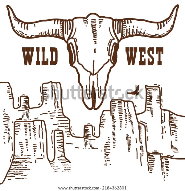 Wild\
West symbol of buffalo skull, desert and text on white background.\
Vector han drawn illustration of the state of\
Texas.
