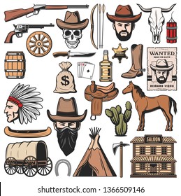 Wild West Symbols And American Western Icons. Vector Sheriff Star Badge, Indigenous Man With Wigwam Hunt Or Wanted Robber In Cowboy Hat And Wagon Cart, Horse Saddle, Bank Dollars And Pistol Guns