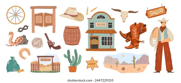 Wild west symbols, cartoon western set. Vector cowboy and tavern, saloon sign board and vintage rustic entrance, desert and cactus, barrel and wheelstone, bull skull and tumbleweed, revolver and mask