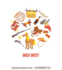 Wild West Symbols of Round Shape, Western Elements Vector illustration