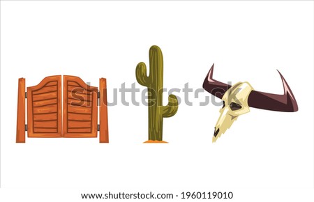 Wild West Symbols Set, Old Western Swinging Saloon Doors, Cactus, Bull Skull Bone Cartoon Vector Illustration