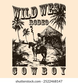 design de camisa oeste selvagem. Tema oeste de Cowboy e oeste selvagem. Vetor desenhado à mão. T-shirt ou cartaz com ilustração de cowboy. Ilustração vintage de vetor de cowboy t shirt design.