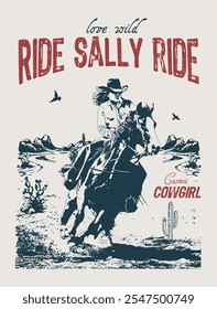 design de camisa oeste selvagem. Tema oeste de Cowgirl e oeste selvagem. Vetor desenhado à mão. T-shirt ou design de cartaz com ilustração de vaqueira. Ilustração vintage de vetor vetor de vaqueira t shirt design.