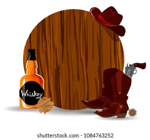 Wild West template with space for text on a wooden board. Cartoon illustration accessories good cowboy , Sheriff of the town