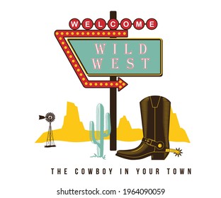 Wild West Texas Cowboy Vintage Hotel Vector Illustration  