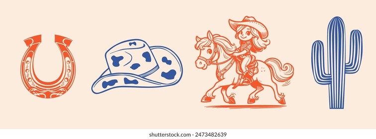 salvaje oeste, oeste de Texas. Vaquera y sombrero, cactus y herradura. Set de Vector