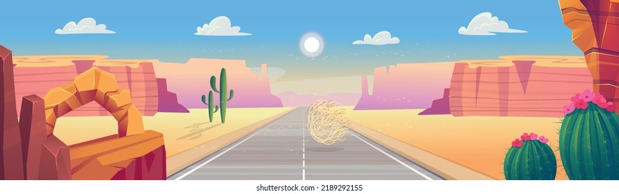  Wild west Texas. Empty road with mountains  perspective view. Landscape with red mountains, cactus, road and clouds. Vector illustration in cartoon style.