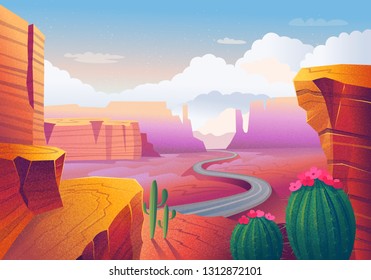 Wild west Texas. Landscape with red mountains, cactus, road and clouds. Vector illustration in cartoon style.