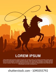 Wild West Texas poster with desert landscape, cowboy on horse, mountains, cactus and eagle in the sky. Silhouette vector illustration in flat cartoon style.
