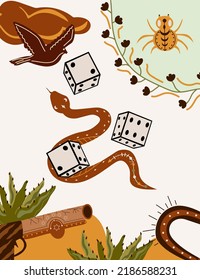 Wild west Texas poster with a mystical snake, dice, flying eagle, horseshoe. Further Old West in flat style. Vector illustration. 