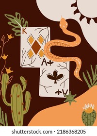 Wild west Texas poster with a playing cards, snake, cactus. Further Old West in flat style. Vector illustration.