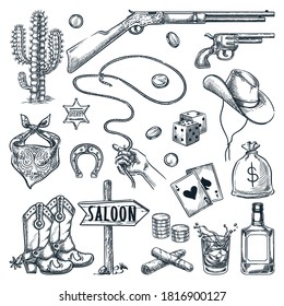 Wild West and Texas vintage icons set. Vector hand drawn sketch illustration. Sheriff star, cowboy hat, gun, whiskey and hand with lasso, isolated on white background